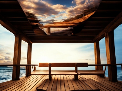 Натяжные потолки с фотопечатью: как создать эффект скамейки на деревянном пирсе